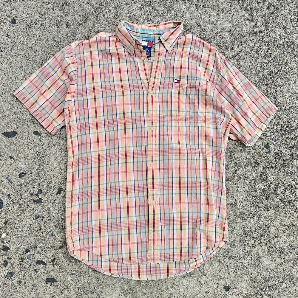 Tommy Hilfiger Button Up Plaid Short Sleeve Shirt Women's XL Y2k Vintage Western